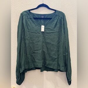 NWT Gap dark green long-sleeve blouse w/ split neckline & gathered detail